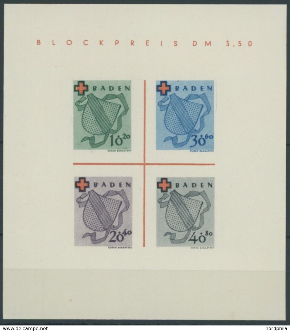 BADEN 2I/V (*), 1949, Block Rotes Kreuz, Type V: Roter Punkt Unterhalb L In BLOCKPREIS, Pracht, Mi. 110.- - Autres & Non Classés