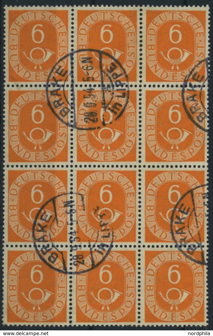 BUNDESREPUBLIK 126 O, 1951, 6 Pf. Posthorn Im Zwölferblock, Stempel BRAKE IN LIPPE, Die Untere Reihe Teils Kleine Zähnun - Autres & Non Classés