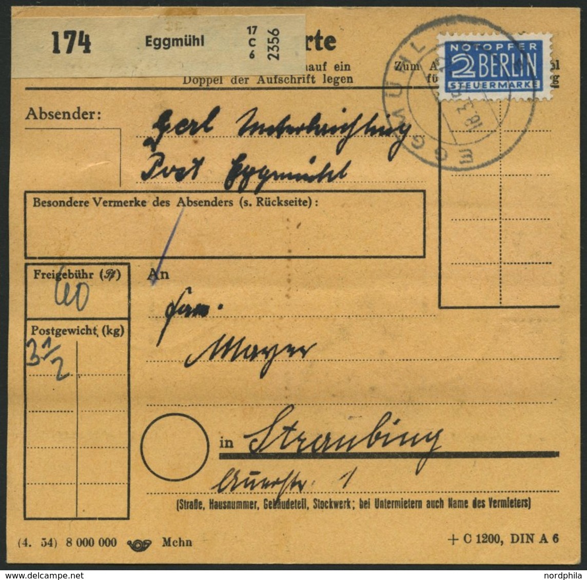 BUNDESREPUBLIK 126 BRIEF, 1954, 6 Pf. Posthorn Im Achterblock Und Waagerechten Paar Rückseitig Als Seltene Mehrfachfrank - Autres & Non Classés