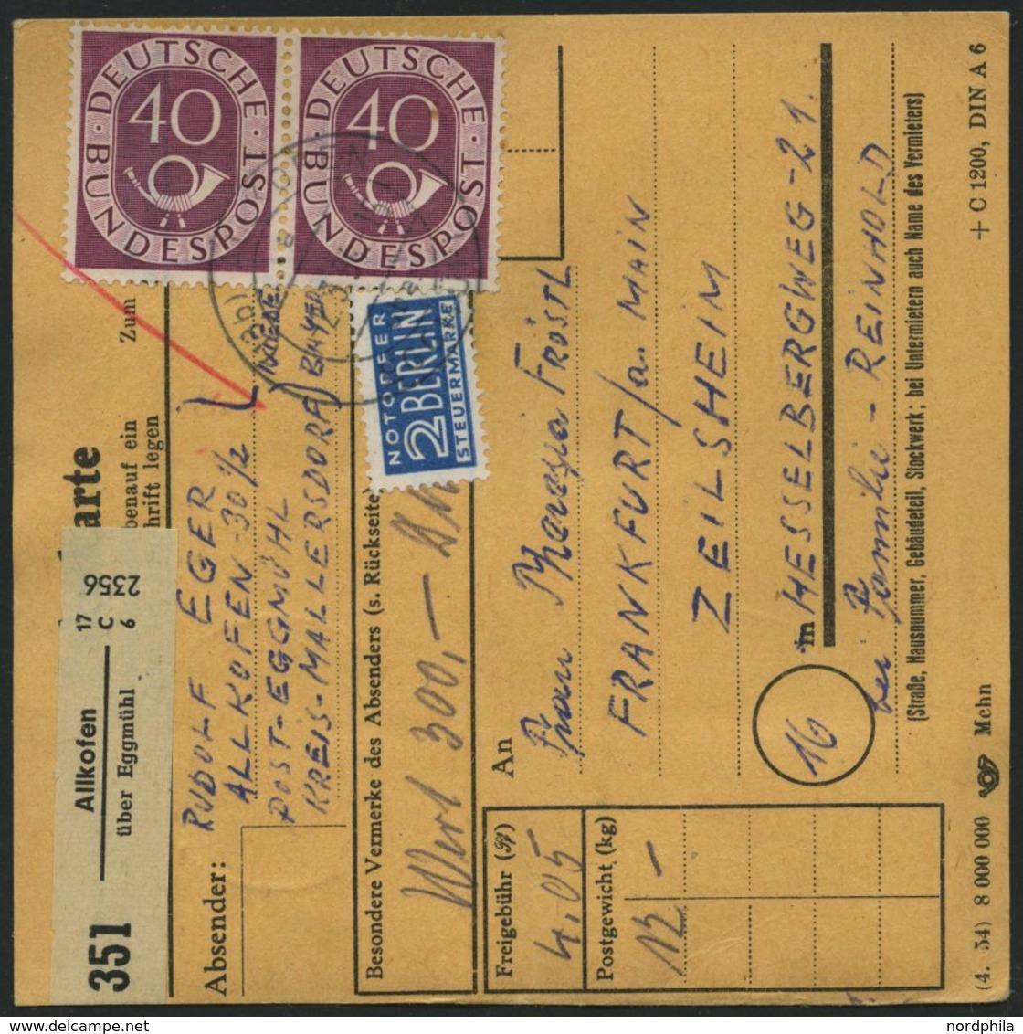 BUNDESREPUBLIK 133 BRIEF, 1954, 40 Pf. Posthorn Im Sechserblock Und 2 Waagerechten Paaren Mit 5 Pf. Zusatzfrankatur Auf  - Autres & Non Classés