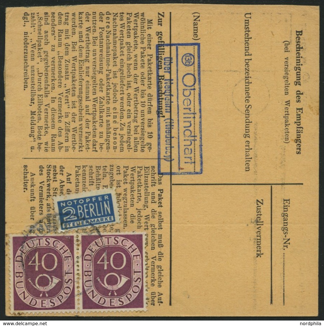 BUNDESREPUBLIK 133 Paar BRIEF, 1954, 40 Pf. Posthorn Im Waagerechten Paar Als Seltene Mehrfachfrankatur Auf Paketkarte A - Autres & Non Classés