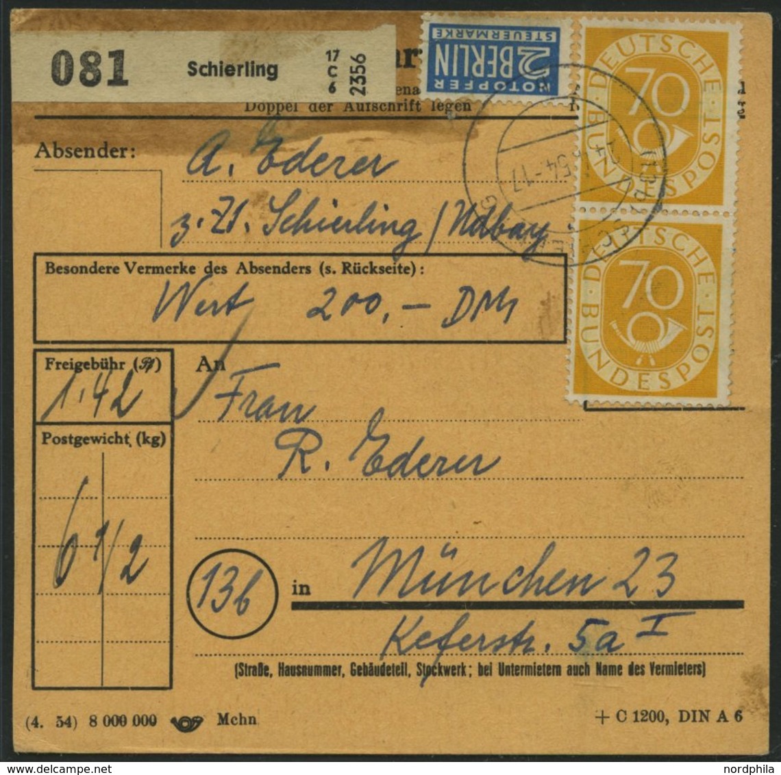 BUNDESREPUBLIK 136 Paar BRIEF, 1954, 70 Pf. Posthorn Im Senkrechten Paar Als Mehrfachfrankatur Auf Paketkarte Aus SCHIER - Autres & Non Classés