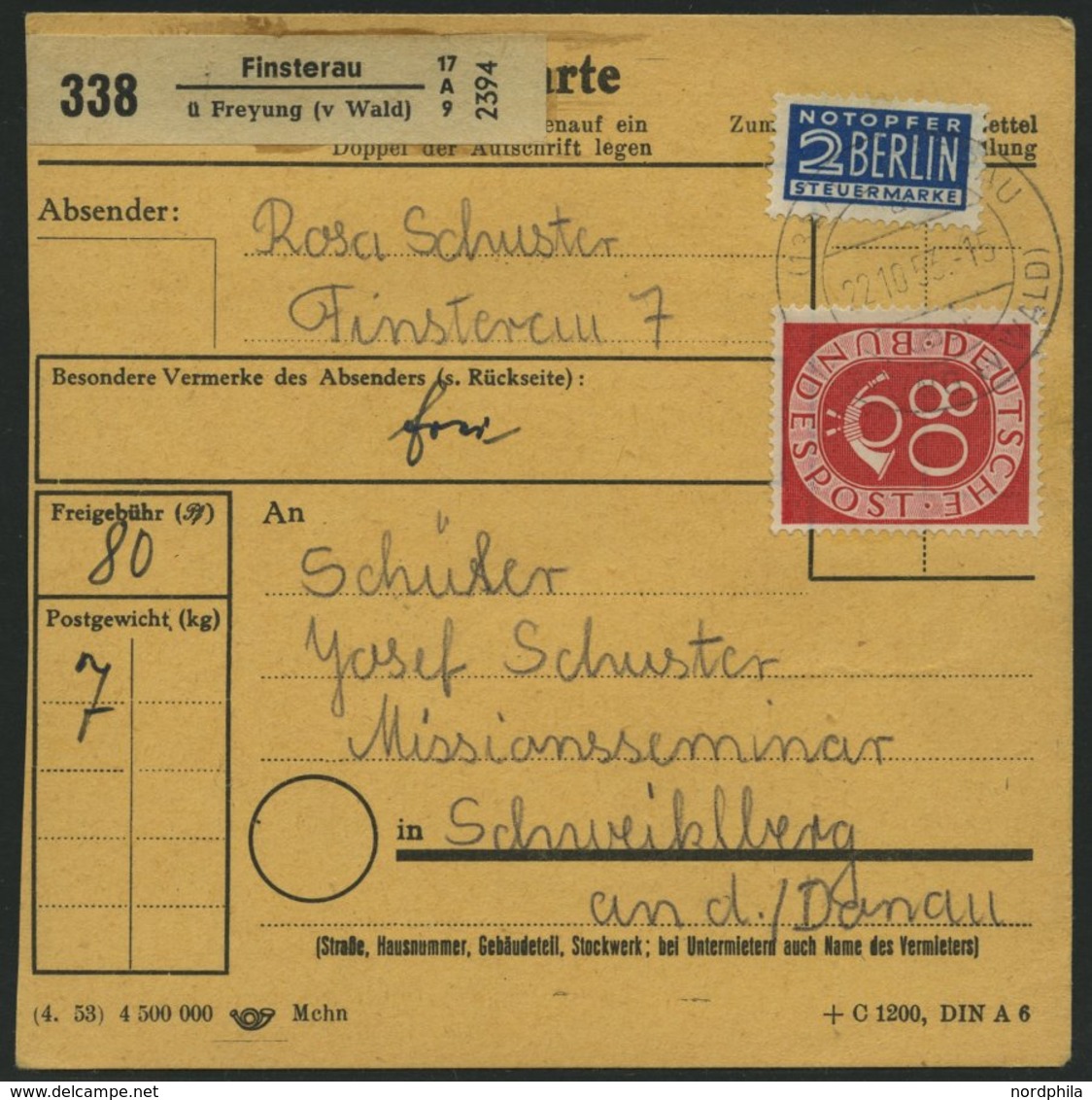 BUNDESREPUBLIK 137 BRIEF, 1954, 80 Pf. Posthorn, Einzelfrankatur Auf Paketkarte Aus FINSTERAU, Pracht - Sonstige & Ohne Zuordnung