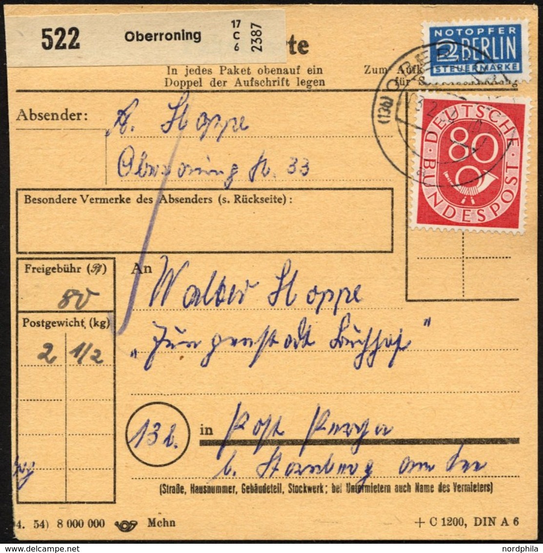 BUNDESREPUBLIK 137 BRIEF, 1954, 80 Pf. Posthorn, Einzelfrankatur Auf Paketkarte Aus OBERRONING, Pracht - Autres & Non Classés