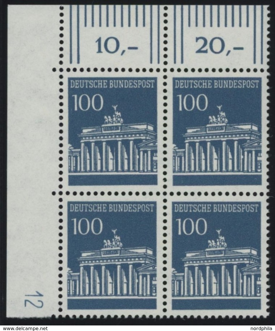 BUNDESREPUBLIK 510vDZ VB **, 1966, 100 Pf. Brandenburger Tor, Oberer Linker Eckrandviererblock Mit Druckereizeichen 12,  - Autres & Non Classés