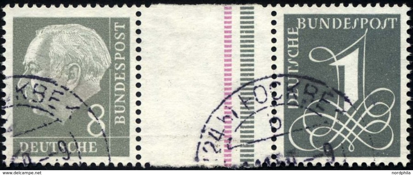 ZUSAMMENDRUCKE WZ 15aIVYII O, 1960, Heuss Wz. Liegend 8 + Z + 1, Eine Schmale Senkrechte Strichelleiste In Rosalila Und  - Gebraucht