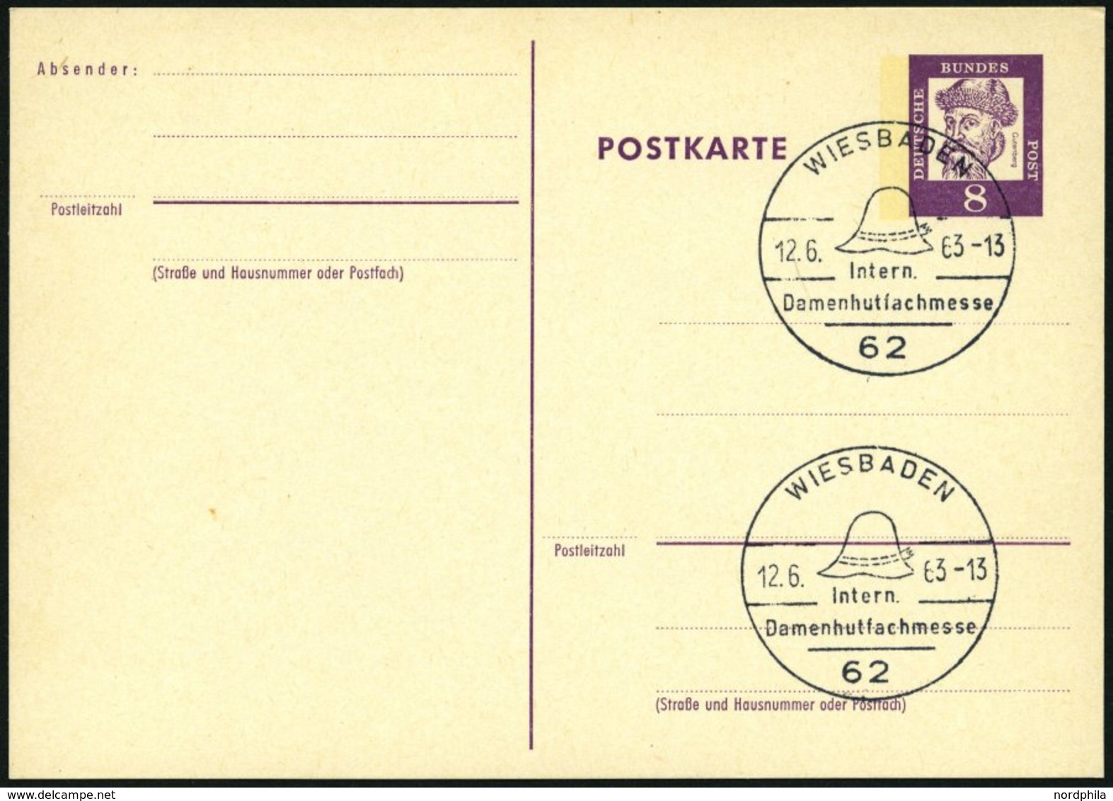 GANZSACHEN P 73 BRIEF, 1962, 8 Pf. Gutenberg, Postkarte In Grotesk-Schrift, Leer Gestempelt Mit Sonderstempel WIESBADEN  - Collections