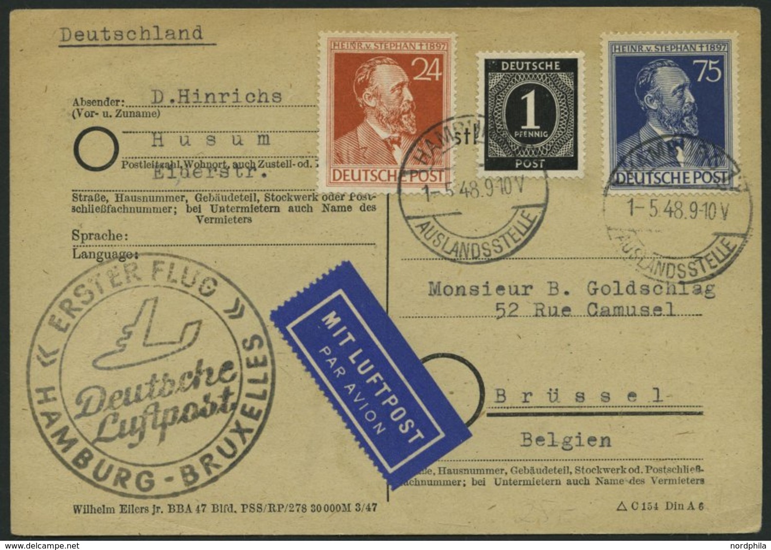 ERST-UND ERÖFFNUNGSFLÜGE 2301 BRIEF, 1.5.48, Hamburg-Brüssel, Flugbestätigungsstempel In Schwarz (Gefälligkeitsabstempel - Covers & Documents