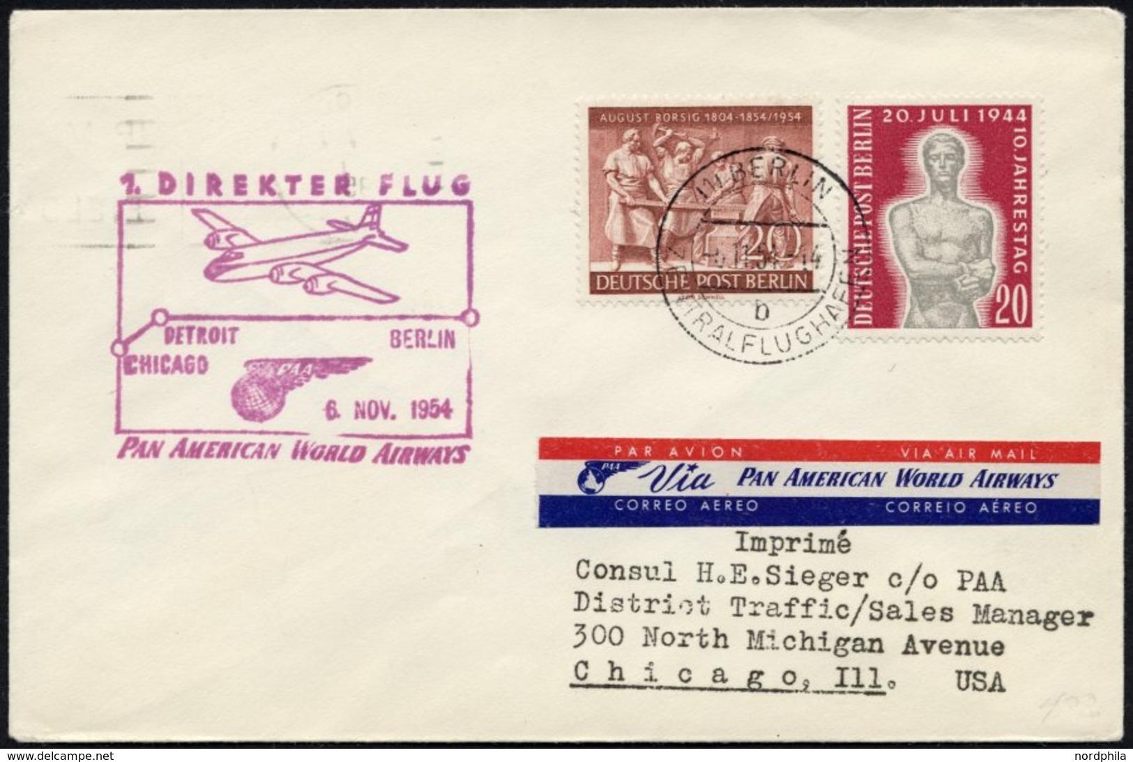 ERST-UND ERÖFFNUNGSFLÜGE 2498 BRIEF, 6.11.54, Berlin-Chicago, Prachtbrief - Covers & Documents