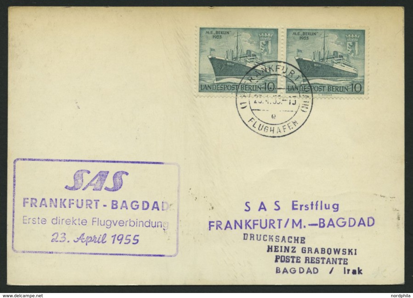 ERST-UND ERÖFFNUNGSFLÜGE 2502 BRIEF, 23.4.55, Frankfurt-Baghdad, Frankiert Mit Bund Nr. 205-08, Prachtkarte - Covers & Documents