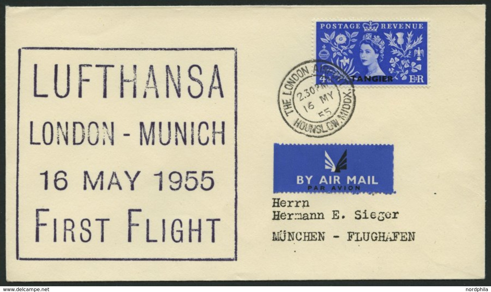 DEUTSCHE LUFTHANSA 29 BRIEF, 16.5.1955, London-München, Schwarz-violetter Stempel, R!, Frankiert Mit Brit.Post In Tanger - Gebraucht