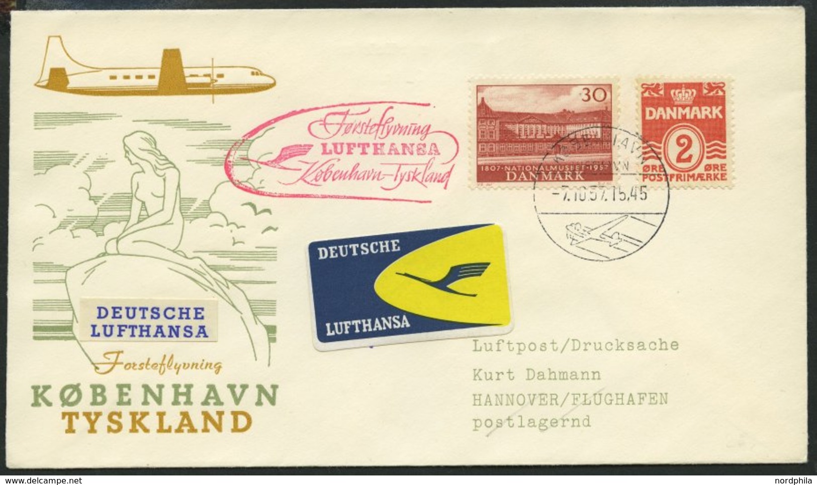 DEUTSCHE LUFTHANSA 178 BRIEF, 7.10.1957, Kopenhagen-Hannover, Prachtbrief - Gebraucht