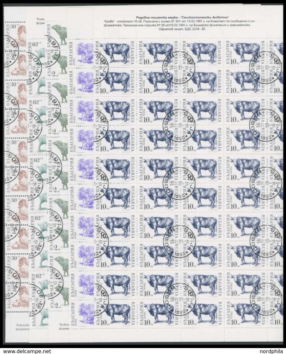 BULGARIEN 3881-84,3885 O, 1991, Haustiere, Je Im Bogen (100) Mit Zentrischen Stempeln, 2x Gefaltet, Pracht, Mi. 450.- - Autres & Non Classés