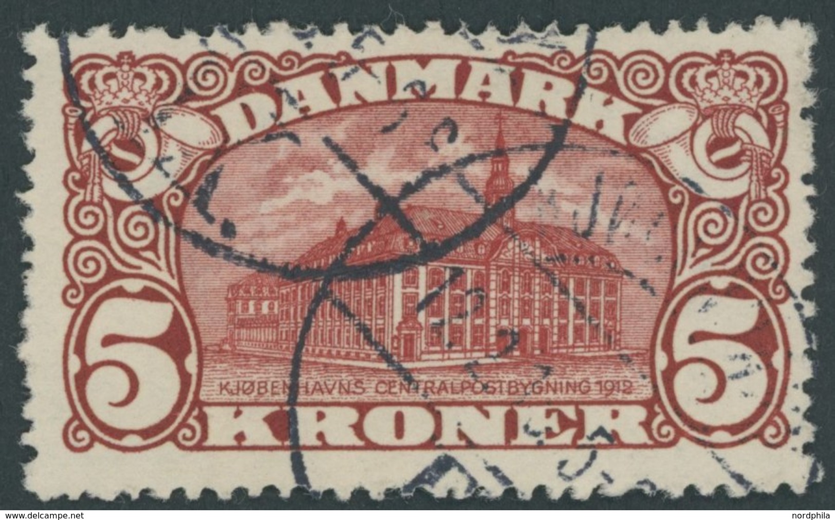 DÄNEMARK 66 O, 1912, 5 Kr. Hauptpost, Wz. 1, Rauhe Zähnung, Pracht, Mi. 120.- - Oblitérés