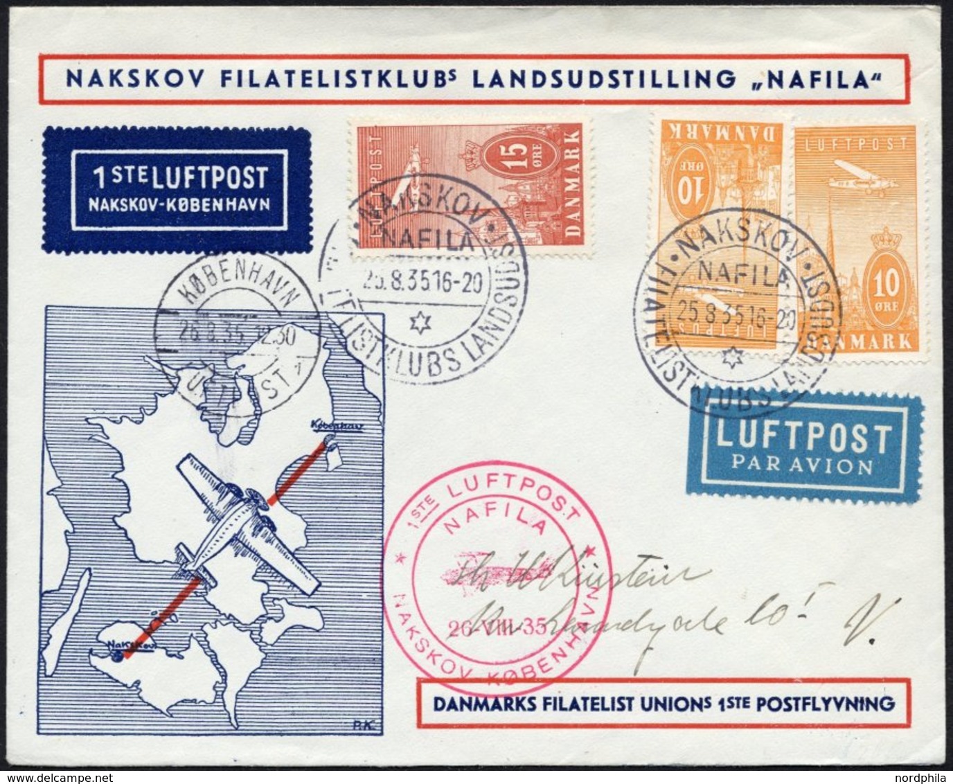 ERSTFLÜGE 218/9 BRIEF, 25/6.8.1935, Nakskov-Copenhagen, NAFILA, Sonderumschlag, Pracht, Müller 79 - Autres & Non Classés