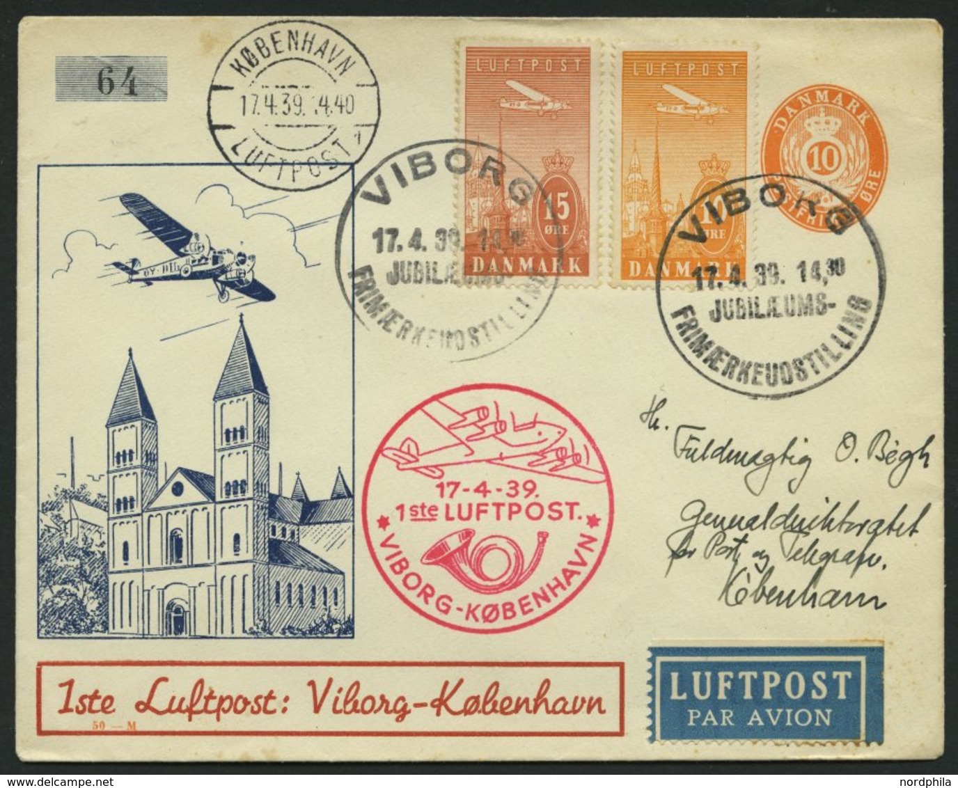 ERSTFLÜGE 17.4.1939, Visberg-Kopenhagen, Numerierter 10 Ø-Ganzsachenumschlag Mit Zusatzfrankatur, Prachtbrief - Other & Unclassified