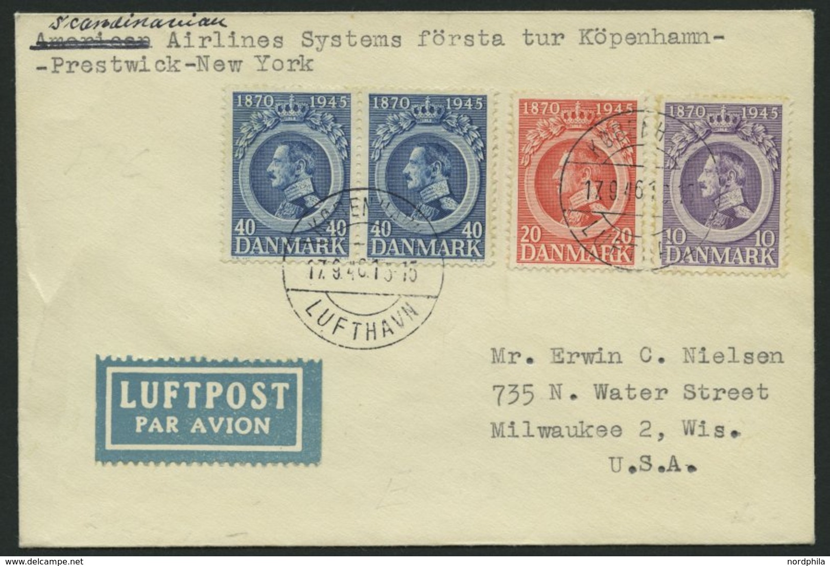 ERSTFLÜGE 17.9.1946, Kopenhagen-Prestwick-New York, Prachtbrief - Other & Unclassified
