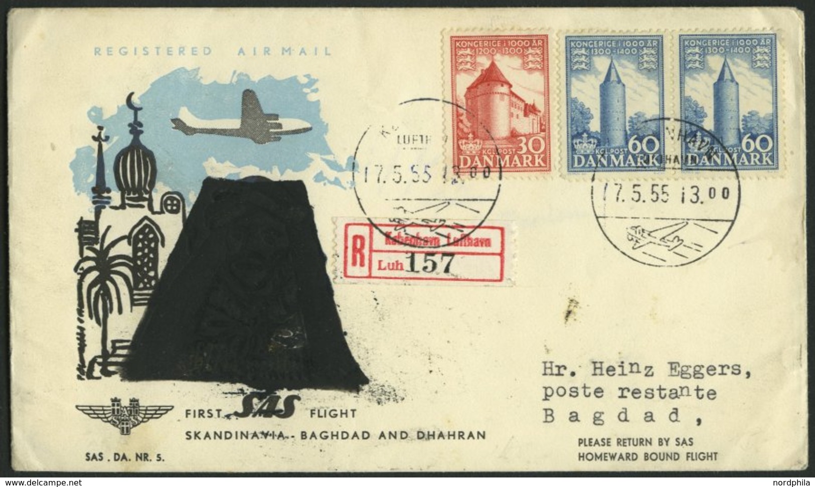 ERSTFLÜGE 17.5.1955, Kopenhagen-Baghdad, Kuvert Mit überdrucktem Araber, Pracht, RR! - Autres & Non Classés