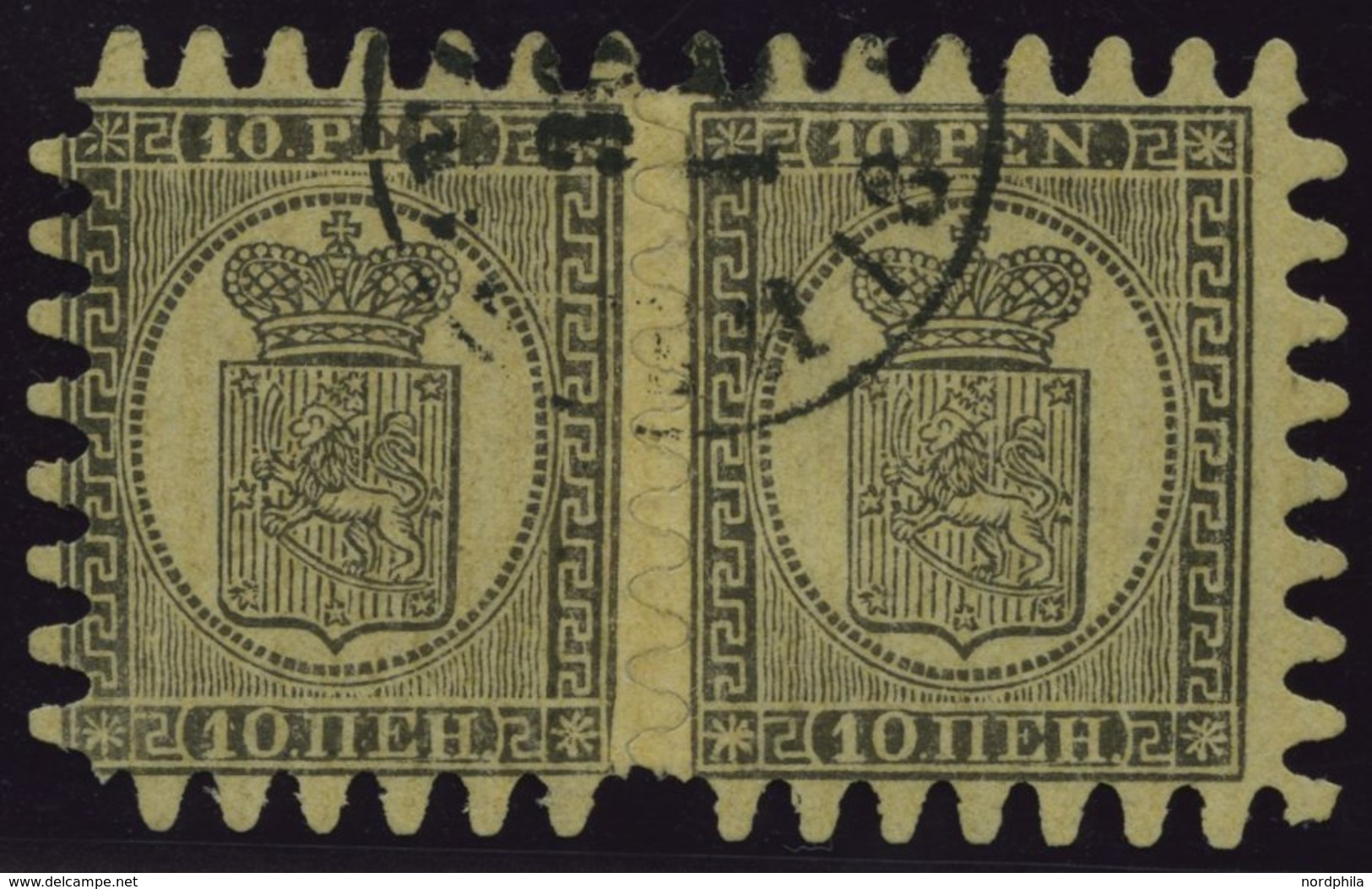 FINNLAND 7Cx Paar O, 1867, 10 P. Schwarz Auf Gestreiftem Sämischem Papier (Facit 7v1C3), Im Waagerechten Paar Mit Allen  - Sonstige & Ohne Zuordnung