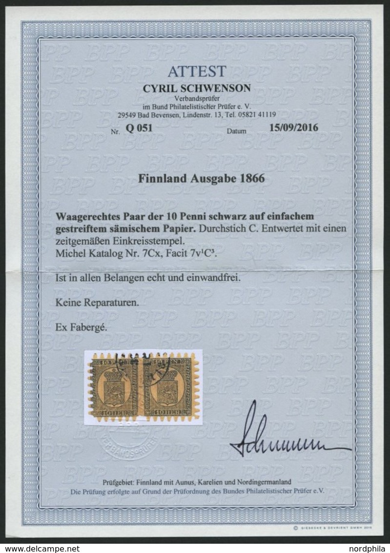 FINNLAND 7Cx Paar O, 1867, 10 P. Schwarz Auf Gestreiftem Sämischem Papier (Facit 7v1C3), Im Waagerechten Paar Mit Allen  - Otros & Sin Clasificación