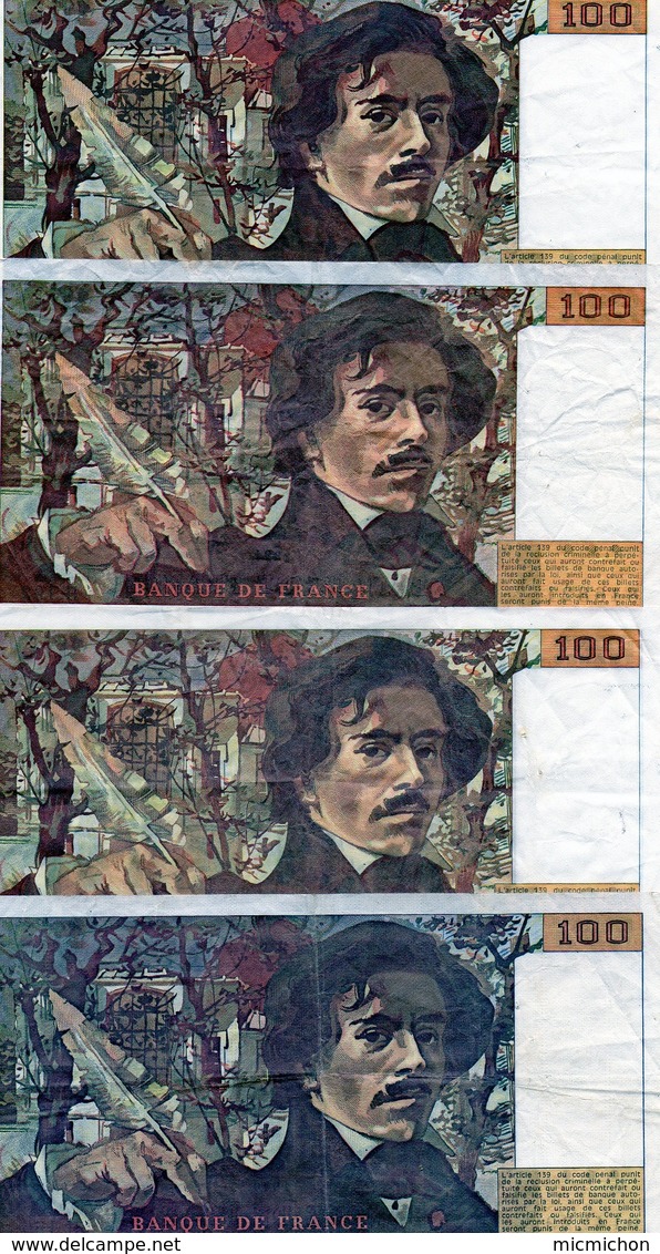 Lot De 4 Billets 100 Francs Delacroix - 100 F 1978-1995 ''Delacroix''