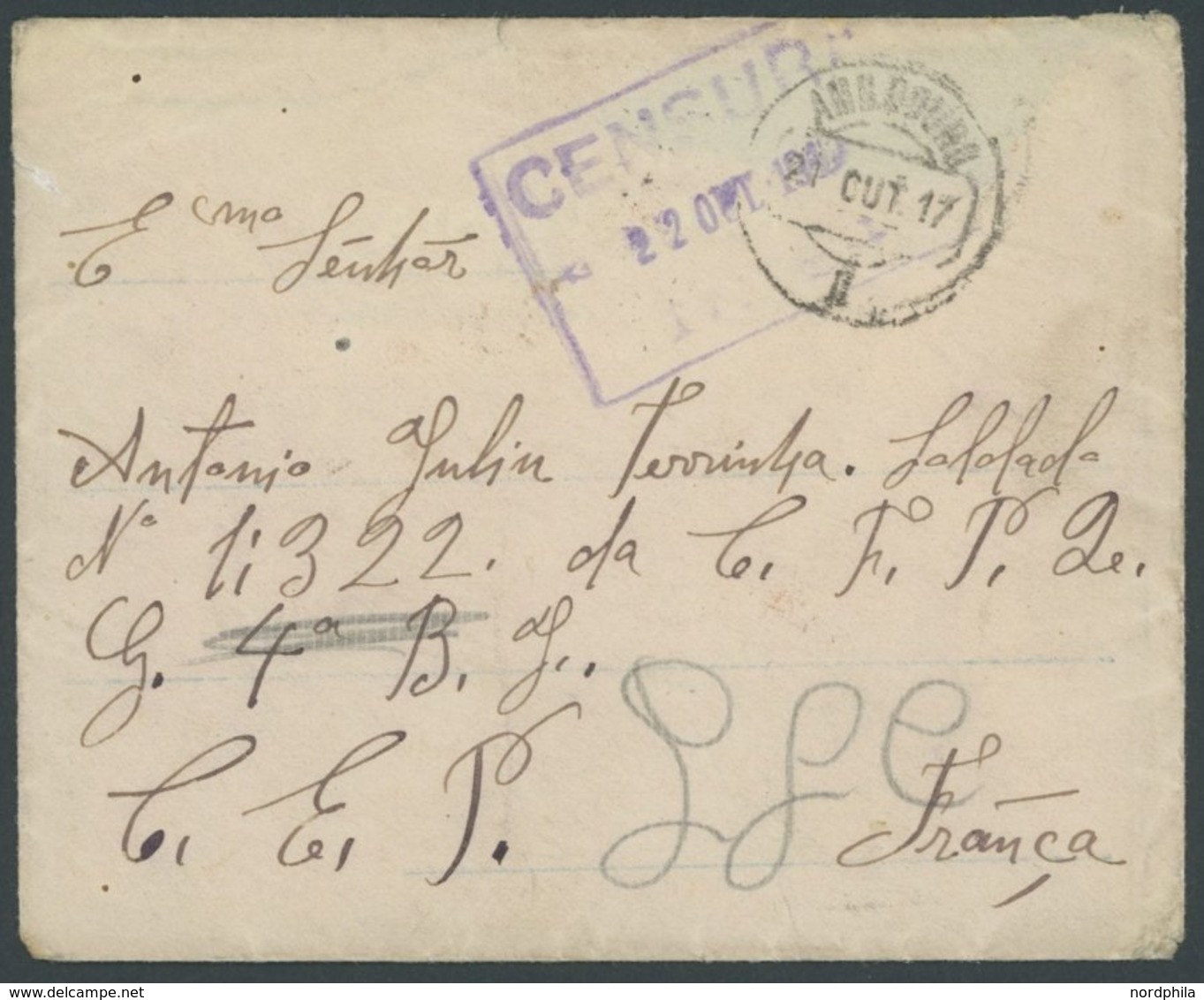 FRANKREICH FELDPOST 1917, Feldpostbrief Des Portugisischen Expeditonscorps In Frankreich, Mit Zensur-, C.E.P.-Feldpost-, - Guerre (timbres De)