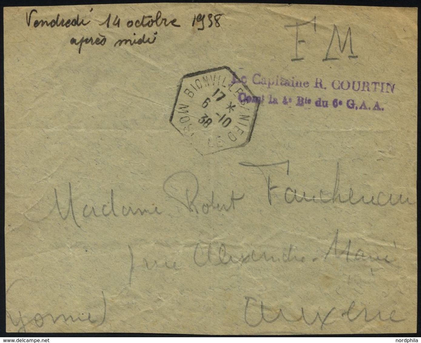 FRANKREICH FELDPOST 1938, Violetter Absenderstempel Le Capitaine R. Courtin, Con La 4 D Du 6 G.A.A. Auf Briefvorderseite - Guerre (timbres De)