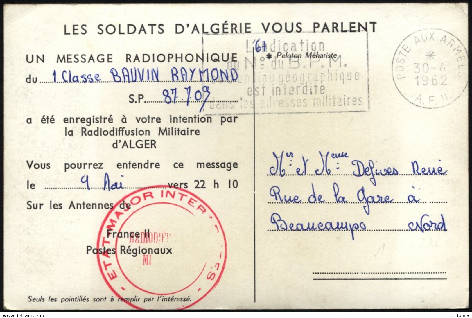 FRANKREICH FELDPOST 1962, Seltene Feldpost-Radiokarte, In Der Mitgeteilt Wird, Daß Die Grüße Am 9. Mai 1961 Gegen 22.10  - War Stamps