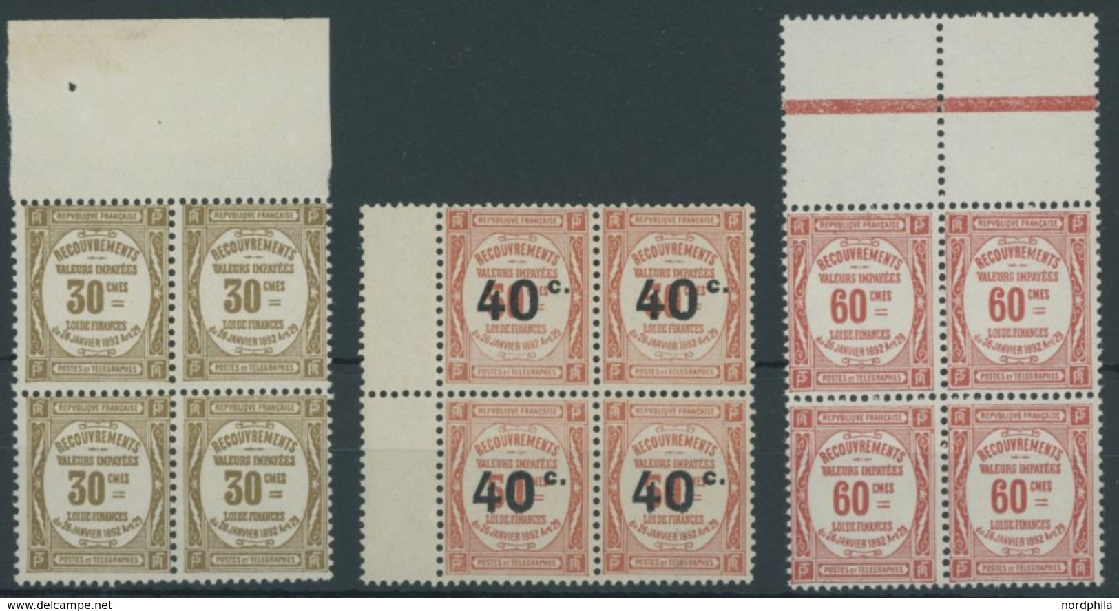 PORTOMARKEN P 38,43,45 VB **, 1908-19, 30 C., 40 C. Auf 50 C. Und 20 C. In Postfrischen Randviererblocks, Pracht - Postage Due
