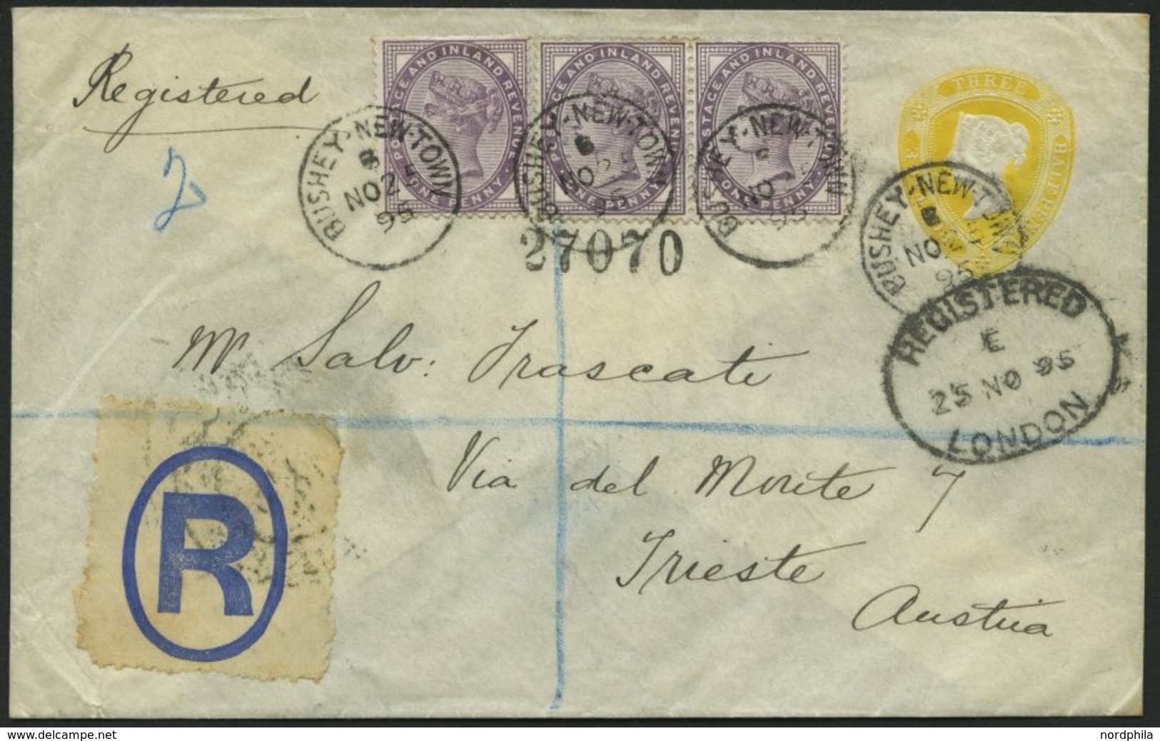 GROSSBRITANNIEN 65 BRIEF, 1895, 1 P. Königin Victoria Im Paar Und Einzelmarke Auf Privatganzsache 3 P. Gelb, R-Umschlag  - Other & Unclassified