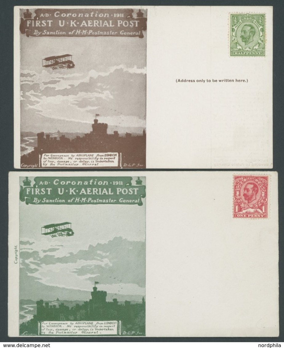 GROSSBRITANNIEN 121/2 BRIEF, 1911, 1/2 P. Und 1 P. König Georg V Auf Sonderkarte Bzw. Brief First U.K. AERIAL POST, Unge - Sonstige & Ohne Zuordnung