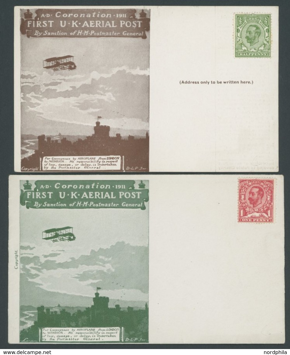 GROSSBRITANNIEN 121/2 BRIEF, 1911, 1/2 P. Und 1 P. König Georg V Auf Sonderkarte Bzw. Brief First U.K. AERIAL POST, Unge - Other & Unclassified