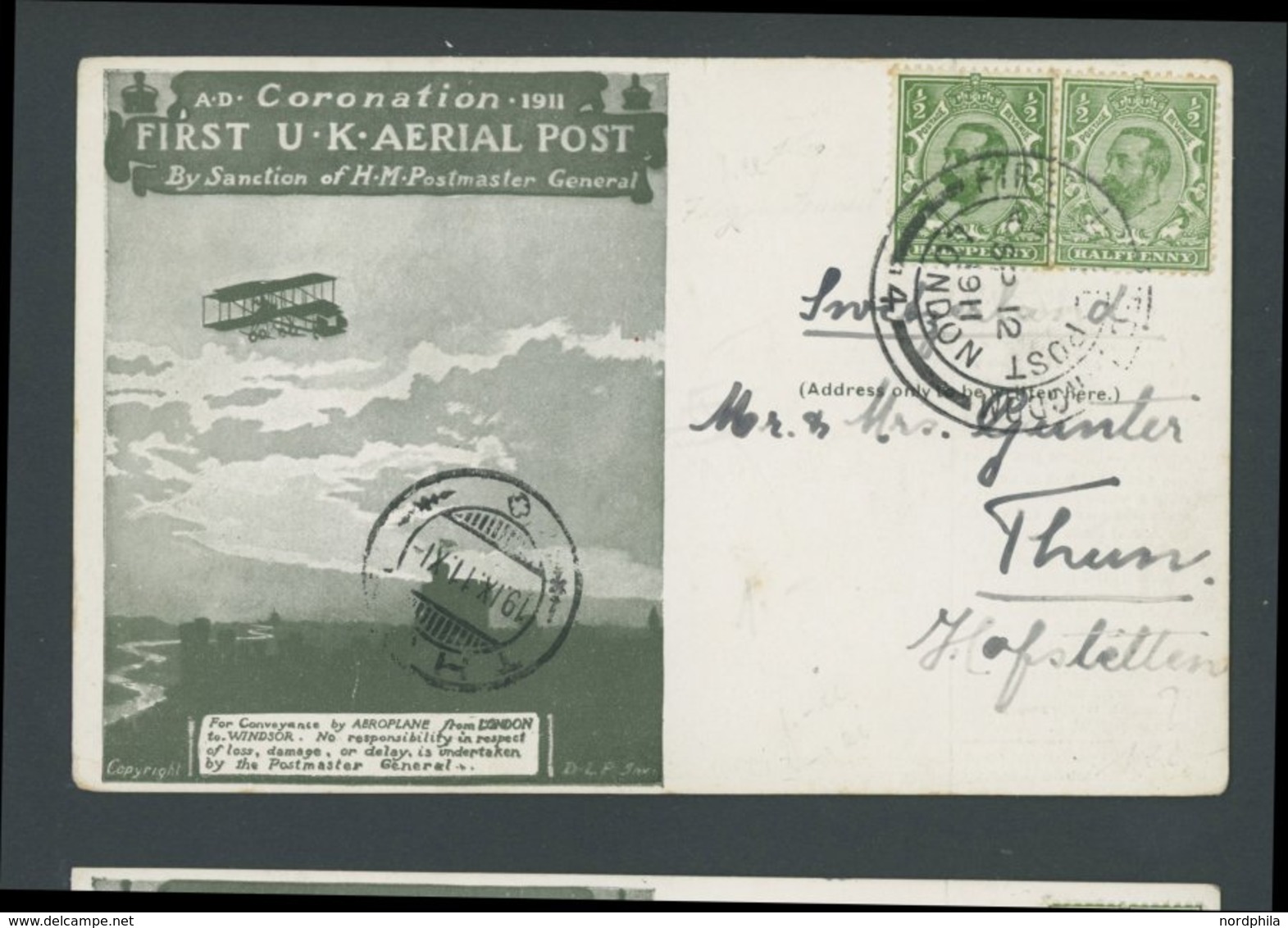 1911,  1/2 P. König Georg V 2x Auf Graugrüner Sonderkarte First U.K. AERIAL POST In Die Schweiz, Feinst -> Automatically - Other & Unclassified