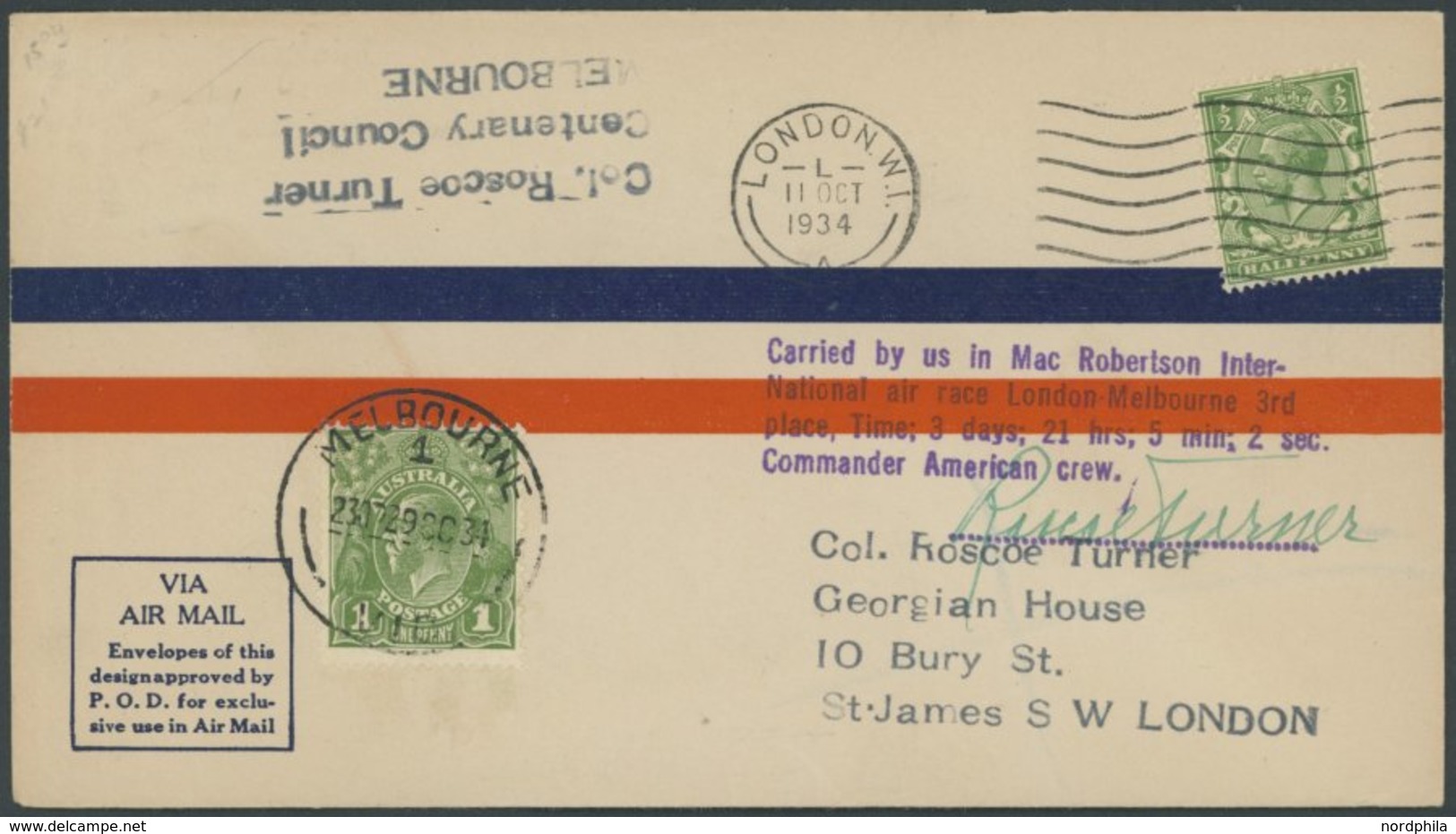 1934, Marc Robertson Air Race London-Melbourne Mit Zweiländerfrankatur, L5-Datenstempel Und Commander Autogramm Der USA- - Autres & Non Classés