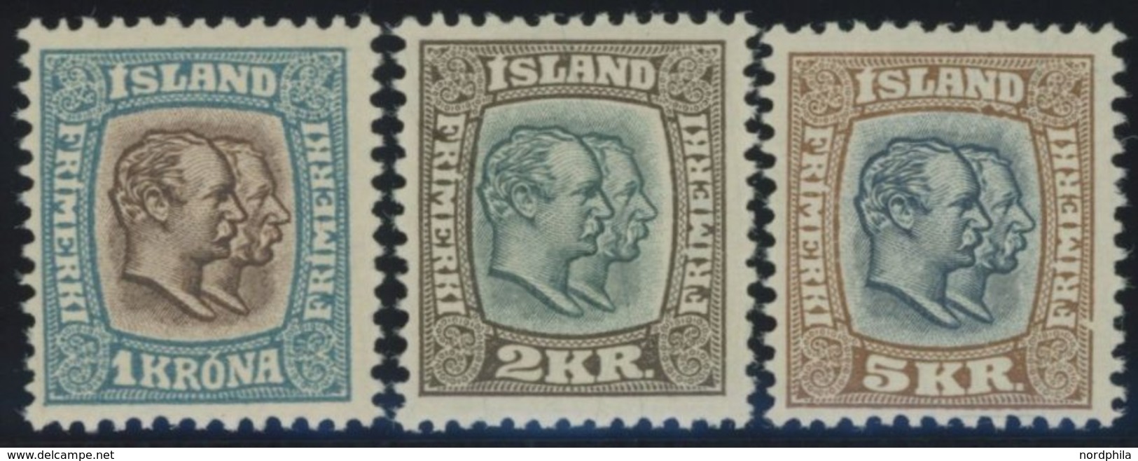 ISLAND 60-62 *, 1907 1 - 5 Kr. Doppelportrait, Falzrest, 3 Prachtwerte,Mi. 222.- - Other & Unclassified