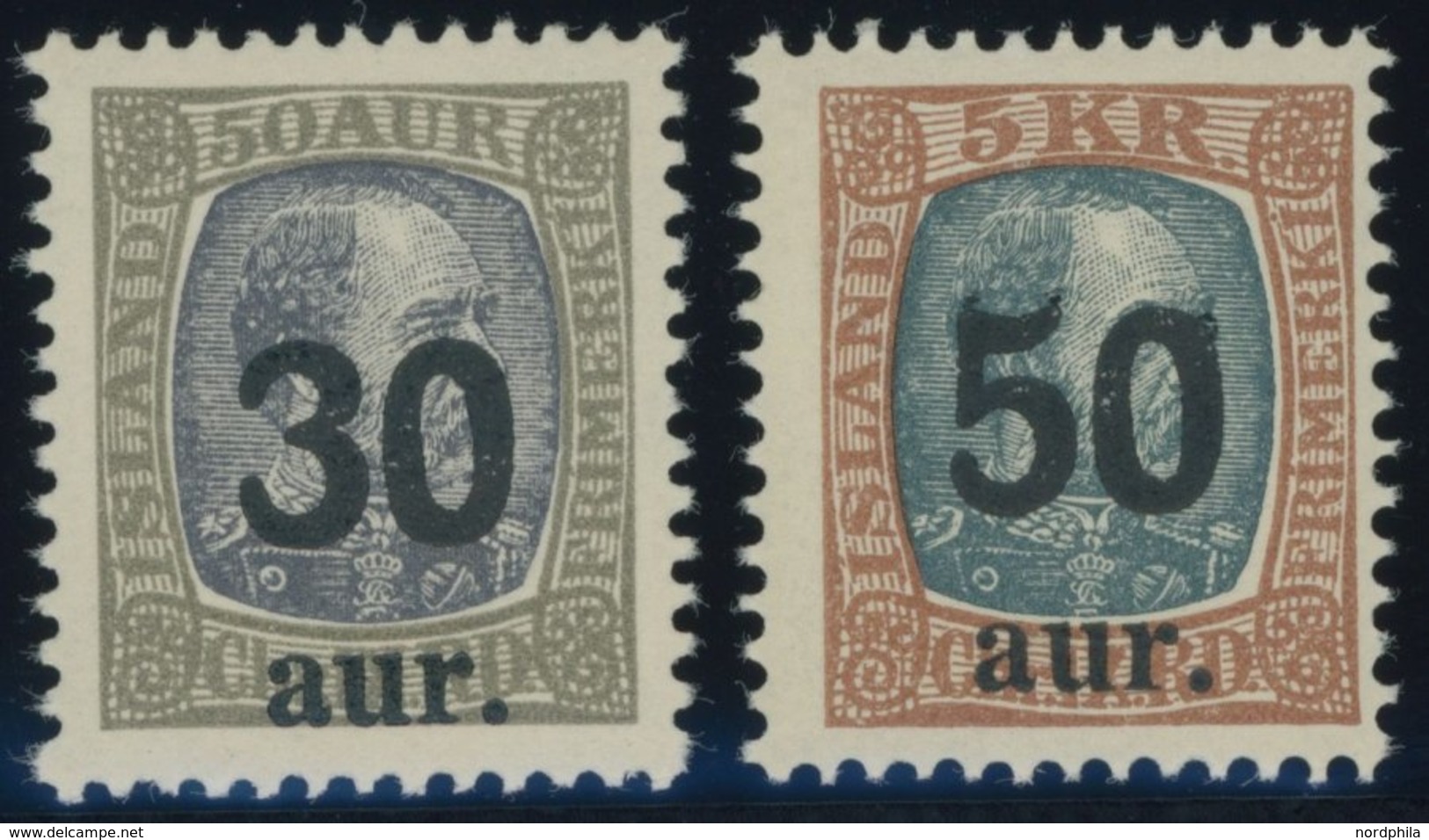 ISLAND 112/3 *, 1925, 30 A. Auf 50 A. Und 50 A. Auf 5 Kr., Falzrest, 2 Prachtwerte - Other & Unclassified