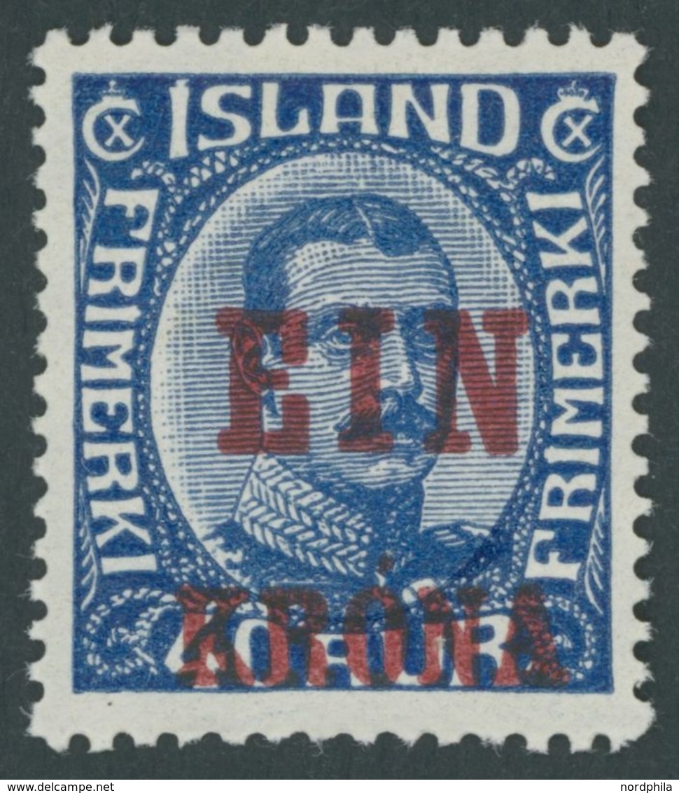 ISLAND 121 **, 1926, 1 Kr. Auf 40 A. Blau, Postfrisch, Pracht, Mi. 400.- - Other & Unclassified