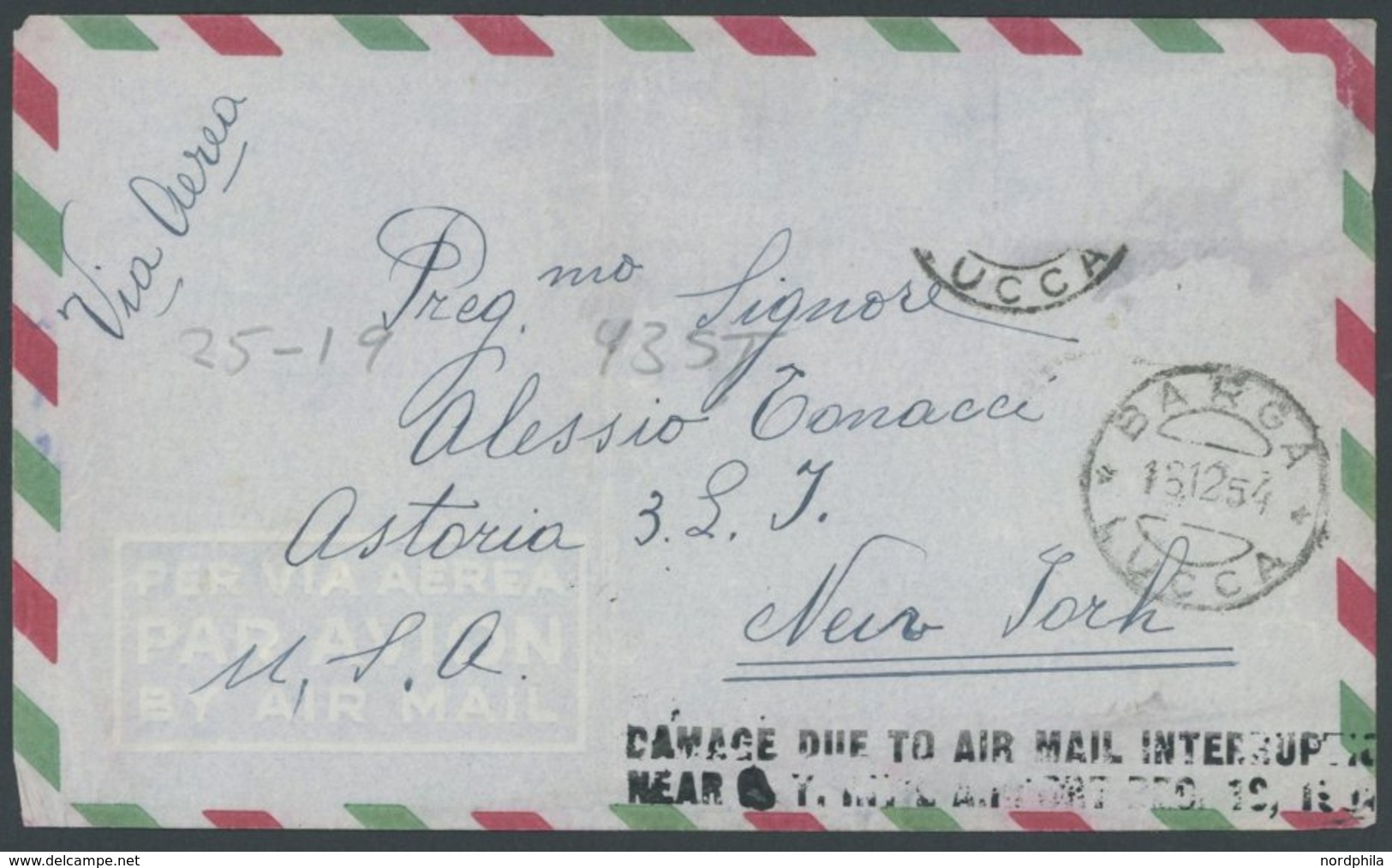 ITALIEN 1954, Flug Rom-New York, L.A.I. Absturzflug Jamaica Bay, Mit Katastrophen-L2 Damage Due To Airmail Interruption  - Used