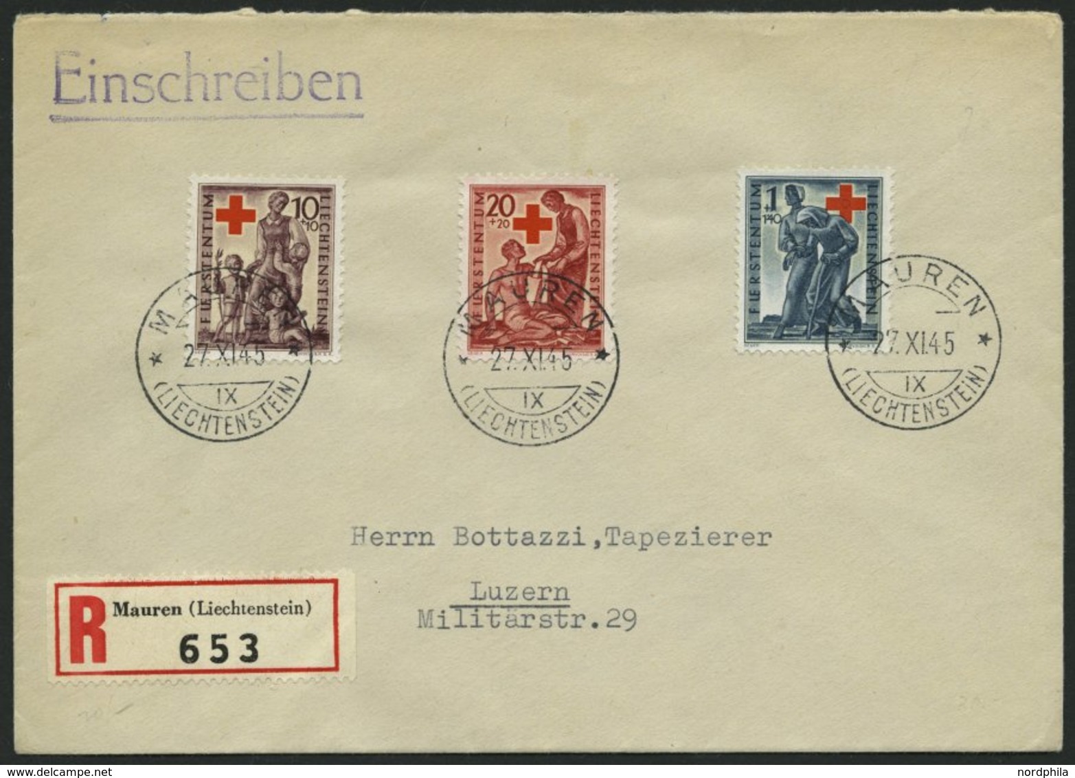 LIECHTENSTEIN 244-46 BRIEF, 1945, Rotes Kreuz Auf FDC, Einschreibbrief Nach Luzern, Pracht, Mi. 85.- - Sonstige & Ohne Zuordnung