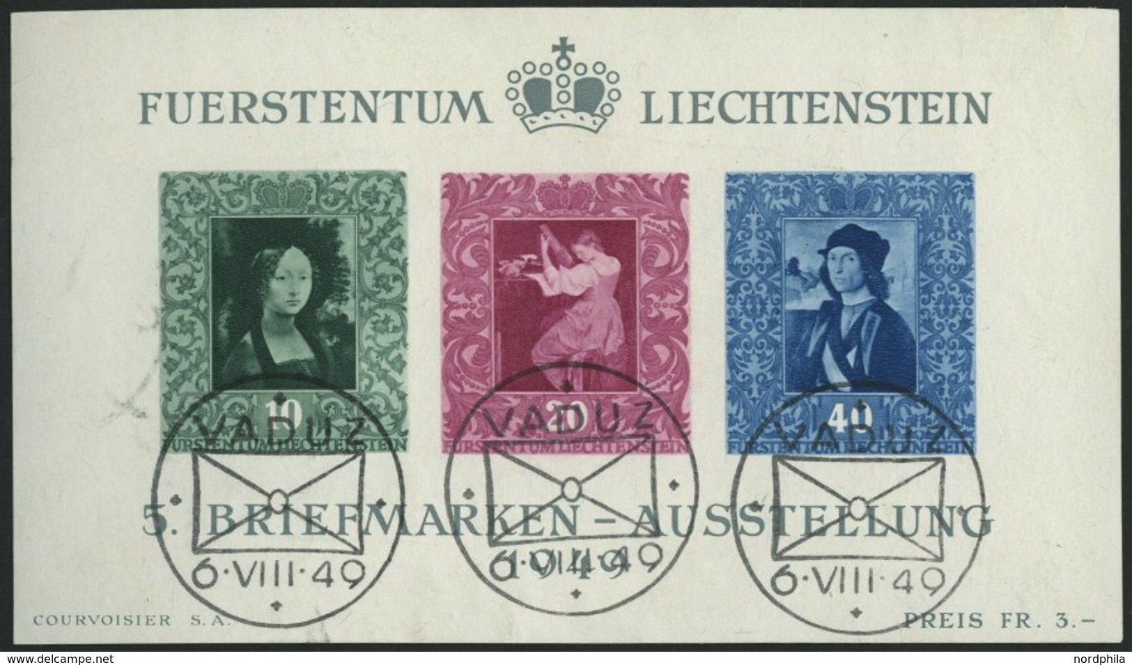 LIECHTENSTEIN Bl. 5 O, 1949, Block Briefmarken-Ausstellung, Ersttags-Sonderstempel, Pracht, Mi. (160.-) - Sonstige & Ohne Zuordnung