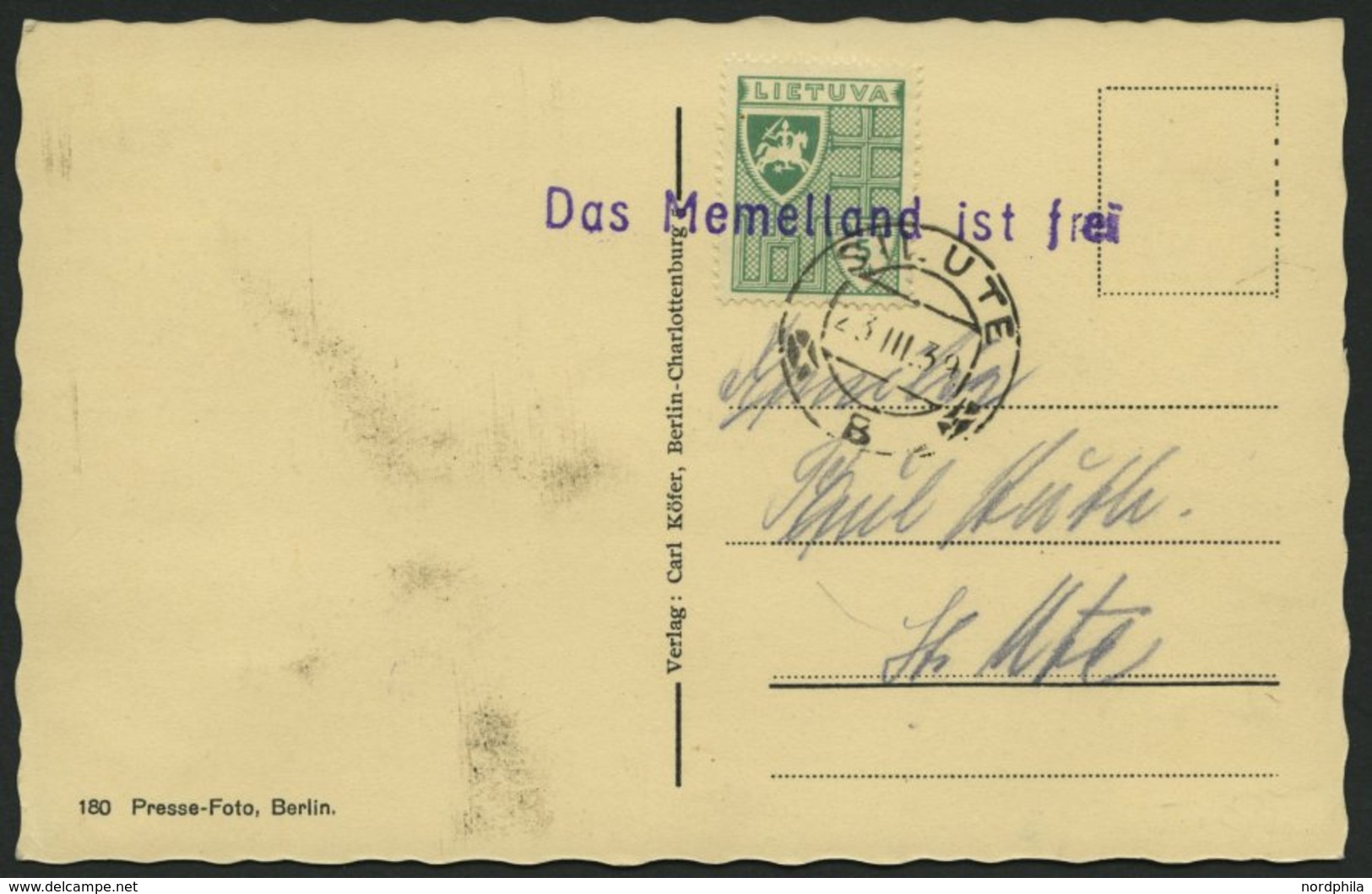 LITAUEN 409 BRIEF, 1939, 5 C. Grün Auf Hitler-Fotokarte, Stempel SILUTE Und Violetter L1 Das Memelland Ist Frei, Pracht - Lithuania