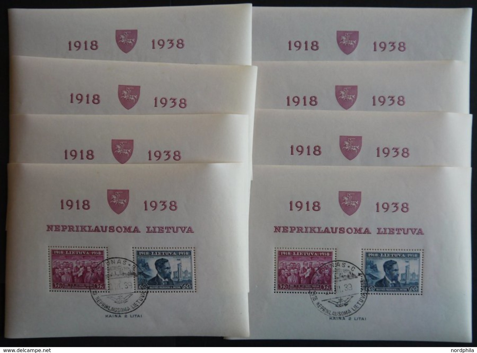 LITAUEN Bl. 1A O, 1939, Block 20 Jahre Republik, Gezähnt, 8x, Sonderstempel, Pracht, Mi. 280.- - Lituanie