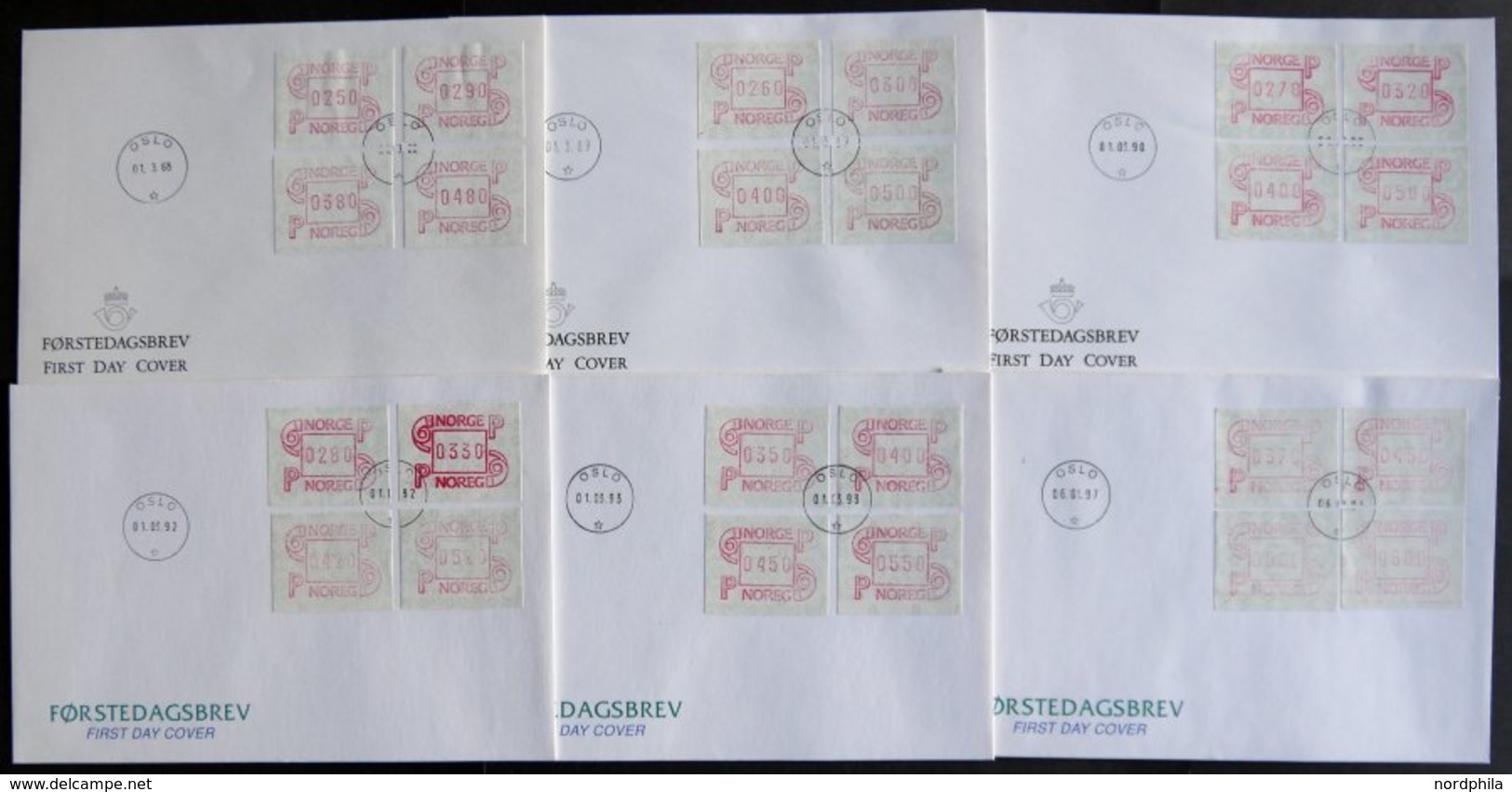 NORWEGEN A BRIEF, Automatenmarken: 1988-97, Mi.Nr. A 3.2d S3-6,8 Und 9, 6 Verschiedene FDC, Pracht - Sonstige & Ohne Zuordnung