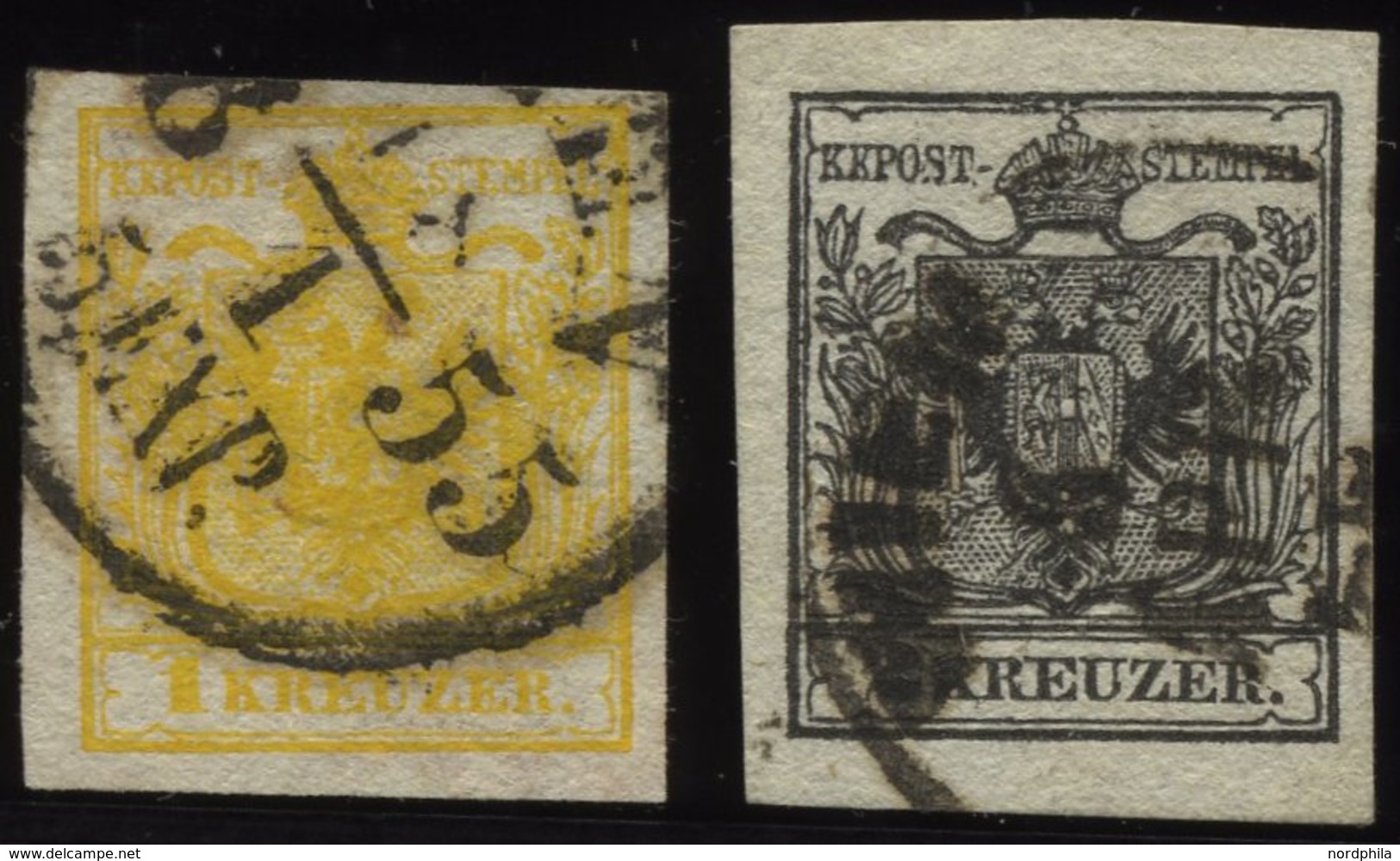 ÖSTERREICH 1,2X O, 1850, 1 Kr. Gelb Und 2 Kr. Schwarz, Handpapier, 2 Prachtwerte, Mi. 210.- - Oblitérés