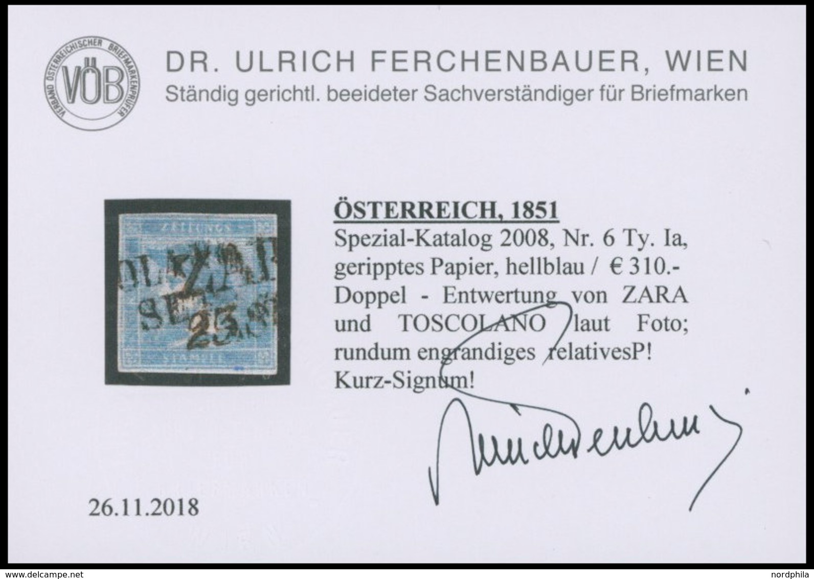 ÖSTERREICH BIS 1867 6Iy O, 1851, 0.6 Kr. Hellblau, Type I, Geripptes Papier, Mit Doppelentwertung Von ZARA Und TOSCOLANO - Gebraucht