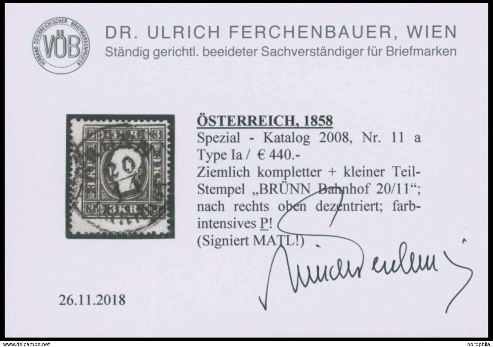 ÖSTERREICH BIS 1867 11Ia O, 1858, 3 Kr. Schwarz, Type Ia, Stempel BRÜNN BAHNHOF, Pracht, Fotobefund Dr. Ferchenbauer, Mi - Used Stamps
