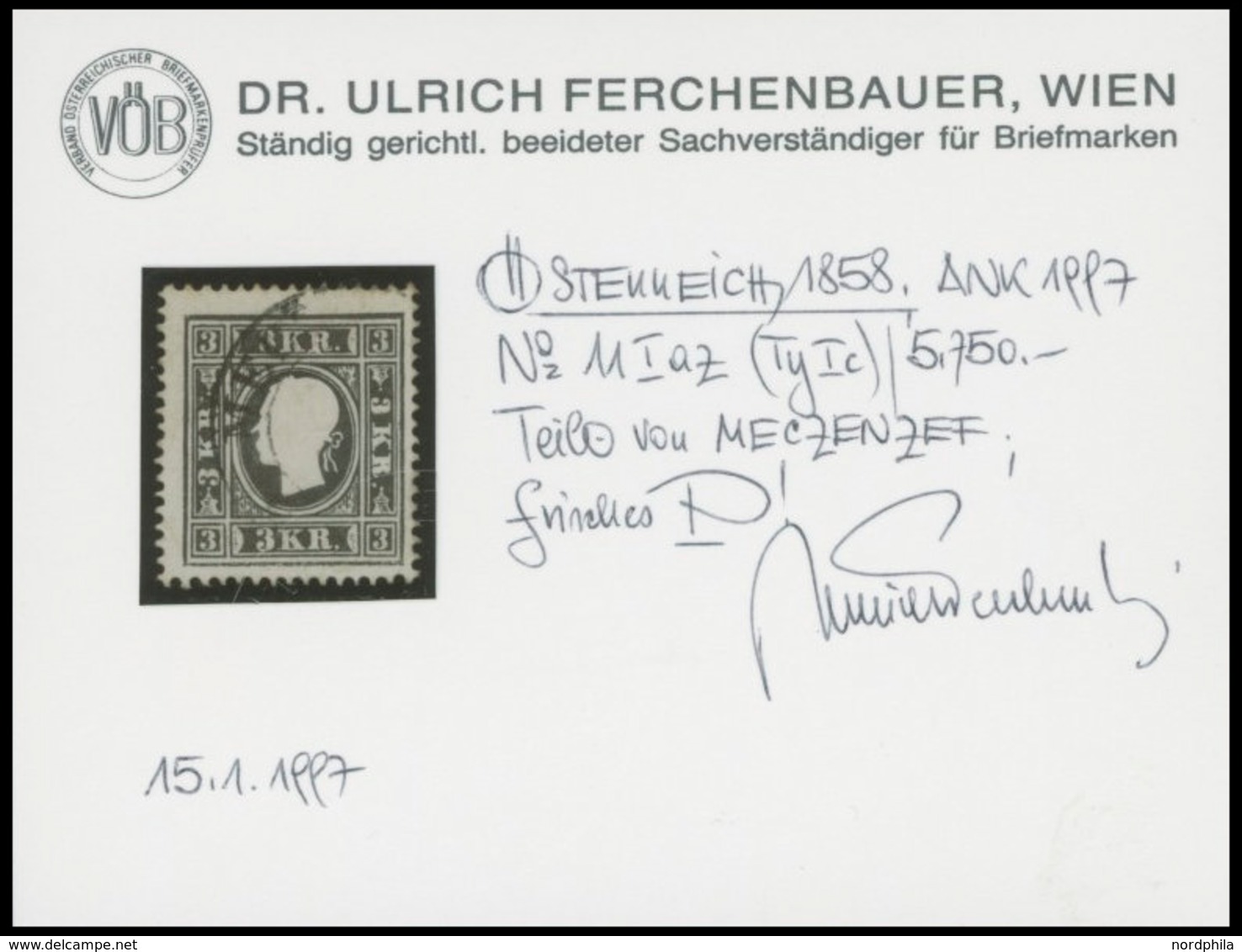 ÖSTERREICH BIS 1867 11Ic O, 1858, 3 Kr. Schwarz, Type Ic, Stempel MECZENZEF, Pracht, Fotobefund Dr. Ferchenbauer, Mi. 40 - Gebraucht