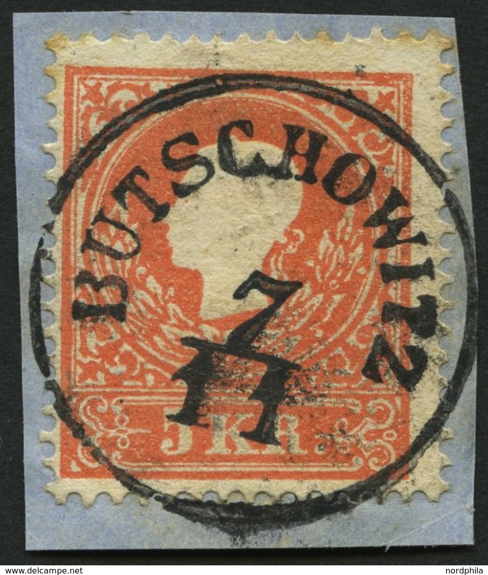 ÖSTERREICH 13I BrfStk, 1858, 5 Kr. Rot, Type I, Zentrischer K1 BUTSCHOWITZ, Prachtbriefstück - Oblitérés