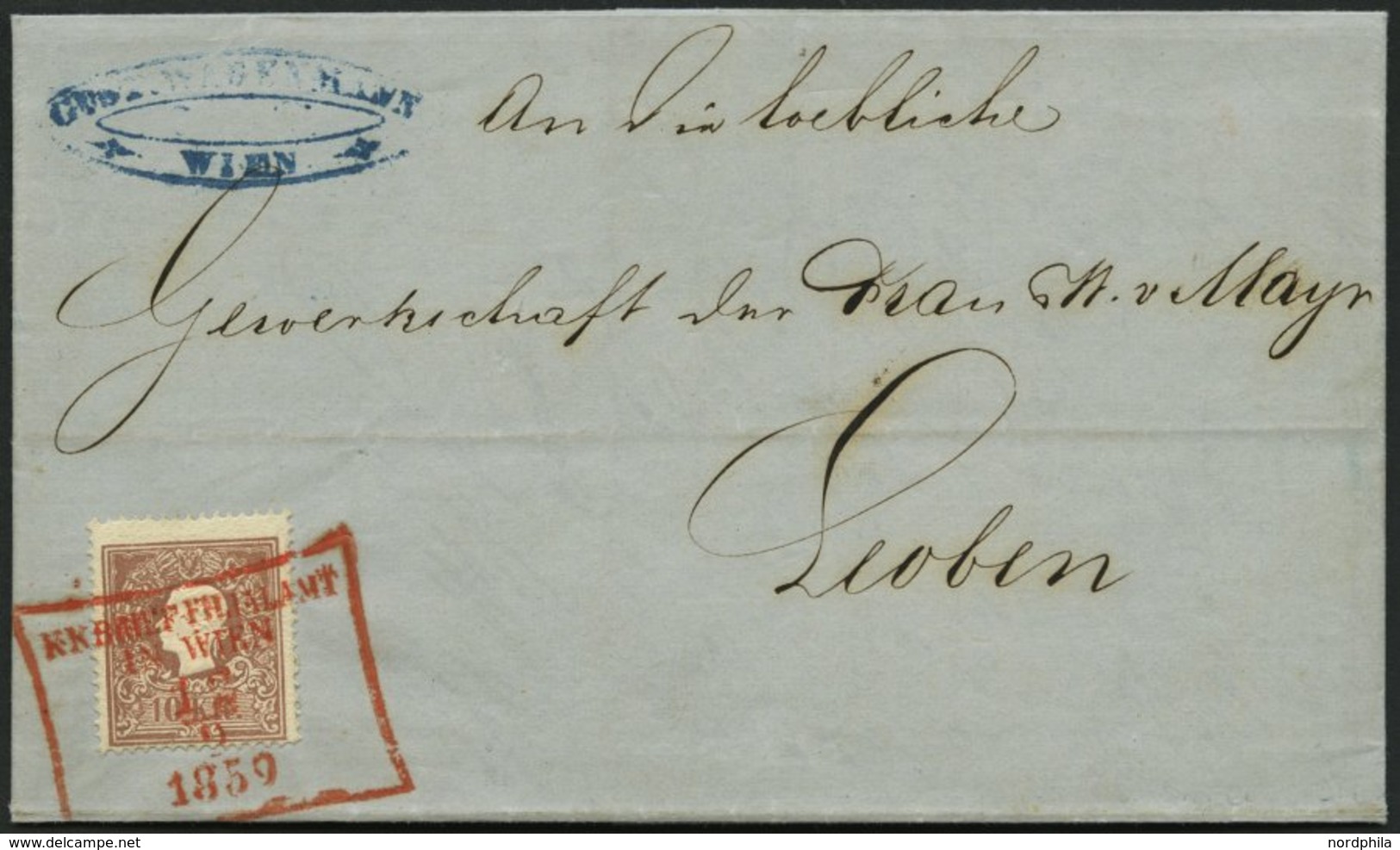 ÖSTERREICH 14II BRIEF, 1859, 10 Kr. Braun, Type II, Auf Brief Mit Rotem R5 K.K. BRIEF-FILIALAMT IN WIEN Nach Leoben, Pra - Oblitérés