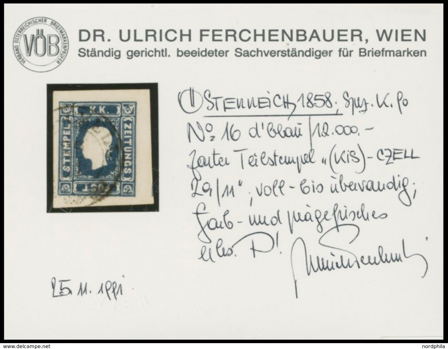 ÖSTERREICH BIS 1867 16b O, 1858, 1.05 Kr. Dunkelblau, K2 (KIS)-CZELL, Voll-breitrandig, Kabinett, Fotobefund Dr. Ferchen - Oblitérés